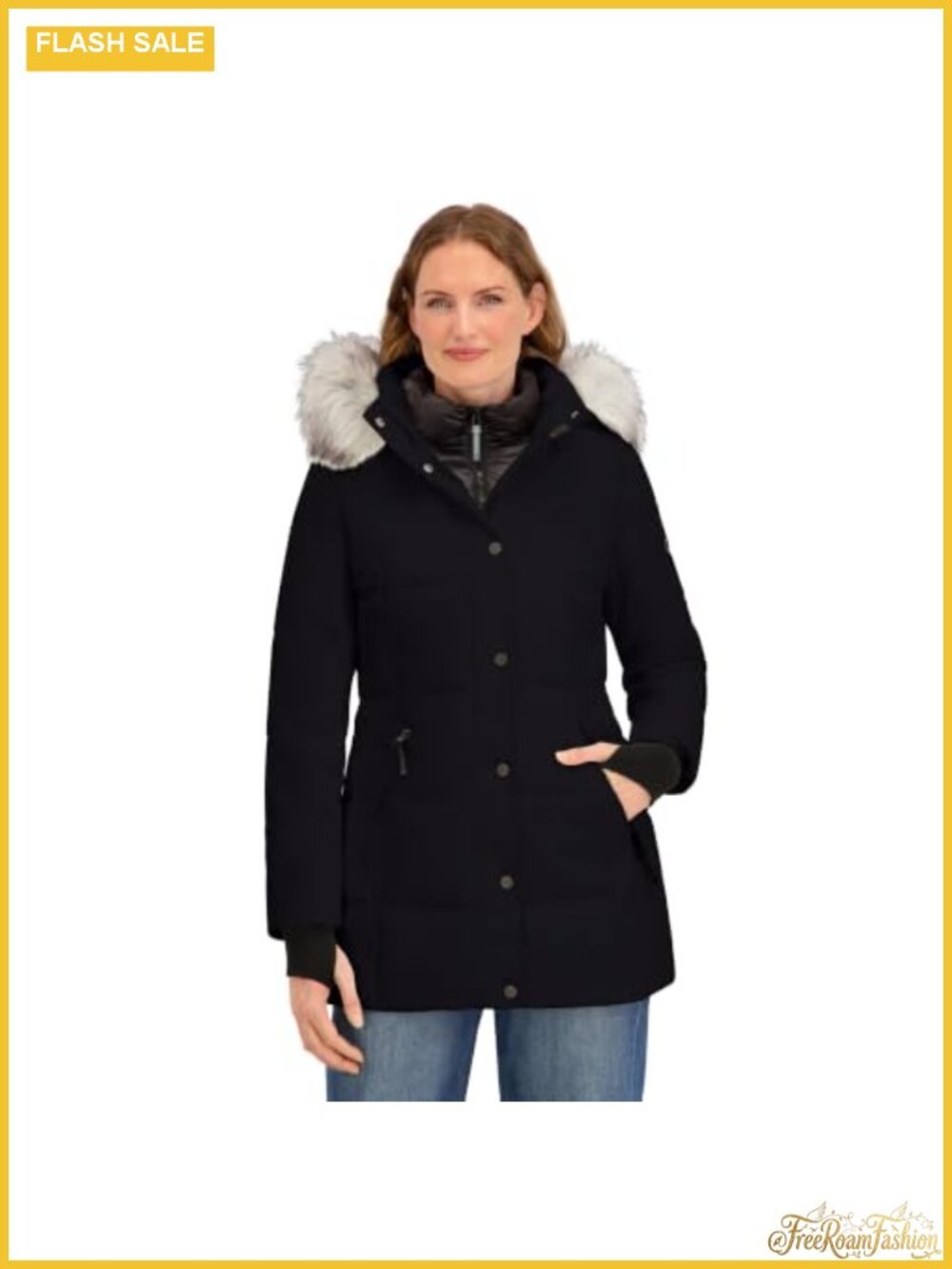 Nautica Women's Heavyweight Puffer Jacket Bib Insert Faux Fur Hood Winter Coat